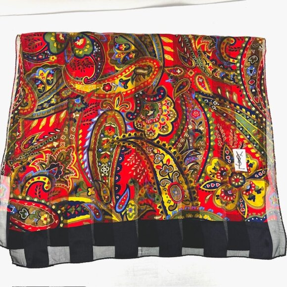 Unused Yves Saint Laurent 100% Silk Chiffon/Satin scarf 68x23 Black Red Flora(32 - Picture 12 of 16